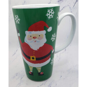 Tall 6 Inch Happy Santa Green and Red Christmas Ceramic Coffee Mug Holiday